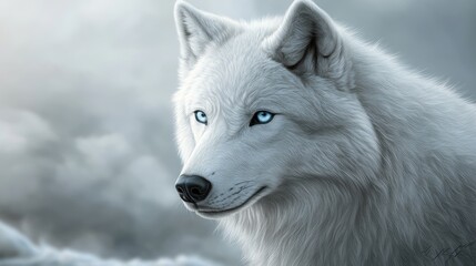 Obraz premium A digital painting of a white wolf with piercing blue eyes, highlighting the powerful gaze of this beautiful animal.