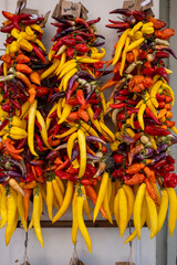 Yellow and red chilli peppers to dry on the wall for a long time