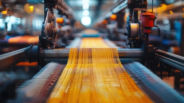 Close-up of textiles being woven on industrial looms in a clothing production factory.