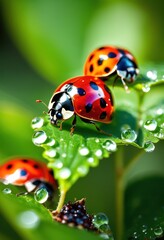 Fototapeta premium colorful ladybugs resting lush green foliage bright natural setting, insect, beetle, flora, fauna, nature, leaf, vibrant, garden, summertime, outdoors