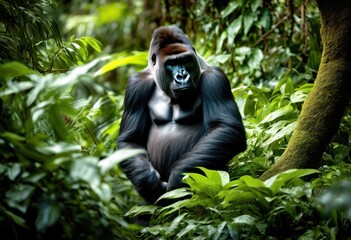 Obraz premium vibrant gorilla habitat featuring natural behaviors lush greenery dynamic wildlife scene, human, jungle, nature, animal, tropical, forest, foliage, fauna