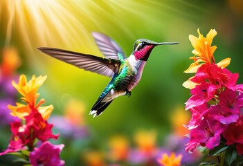Fototapeta premium vibrant hummingbirds darting among colorful blooms lush garden setting, flower, petal, nature, wing, nectar, beak, feather, beauty, botanical, orchid