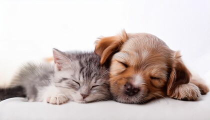 Obraz premium 仲良く一緒に寝ている子犬と猫（Puppy and cat sleeping together） 