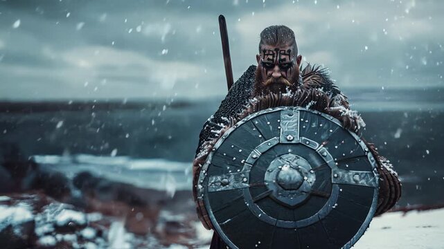 Gallowglass warrior, Norse-Gaelic clans of Ireland and Scotland, muscular and with battle scars, walking in the battlefield	
