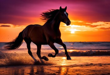 dynamic horse silhouette vibrant sunset backdrop rich colors striking contrast, sky, orange, red, yellow, clouds, evening, light, shadow, landscape, beauty