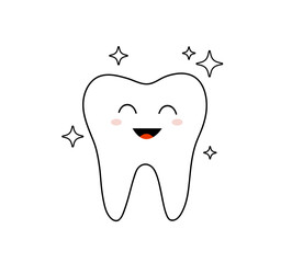 Smiling tooth. Tooth cute cartoon character. Clean and healthy tooth. Dental symbol. Vector illustration