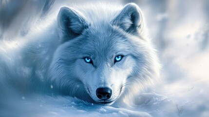 Naklejka premium A majestic white wolf with intense blue eyes, depicted in a beautiful digital painting of wildlife.