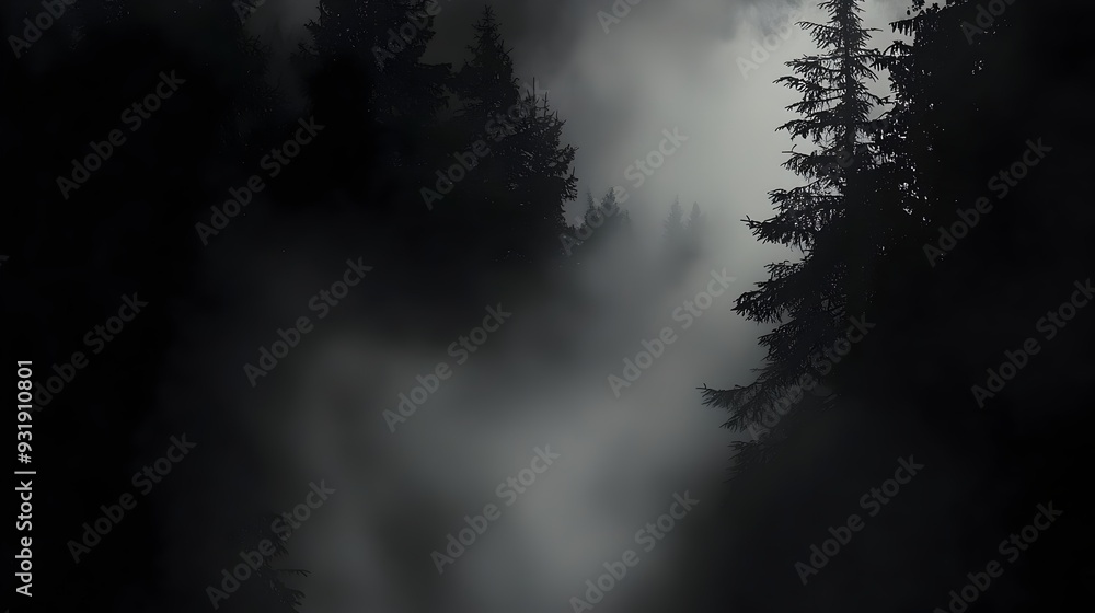 Poster mysterious moody forest backdrop with silhouetted trees and mist for atmospheric designs