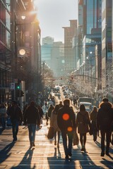 Obraz premium Autumn City Street with People Walking, Trees with Orange Leaves, Urban Life, Crowded Sidewalk, Autumn Weather
