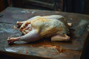 Freshly Prepared Raw Whole Chicken with Herbs on Rustic Wooden Cutting Board