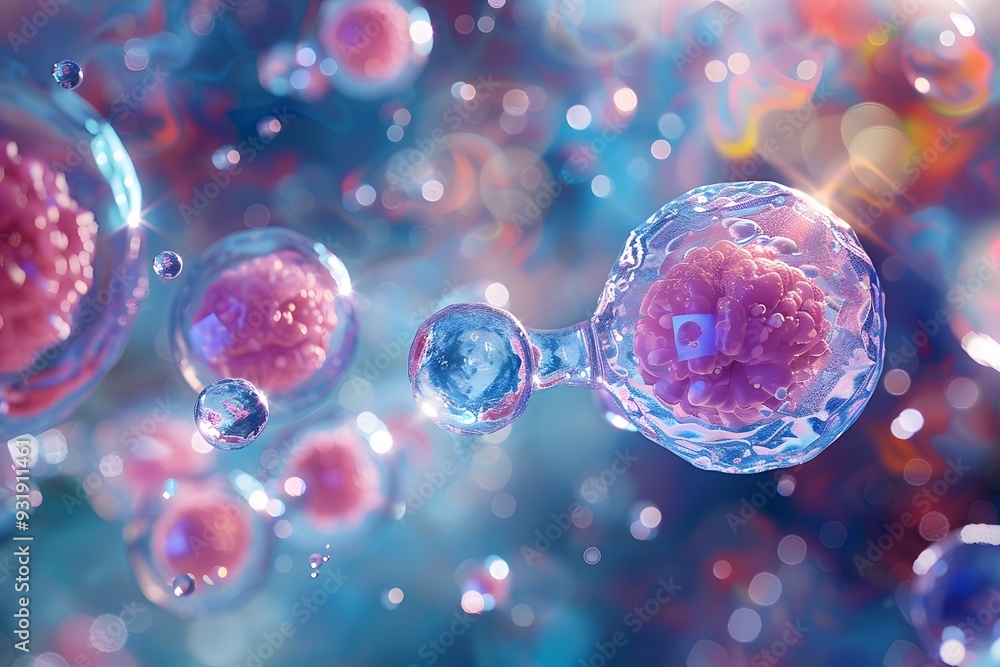 Poster stunning visualization of microscopic cells in a colorful abstract environment
