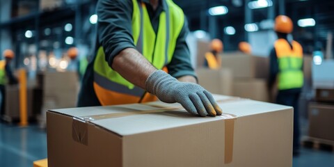 A group of workers in high-visibility vests and helmets is busy packing cardboard boxes in a well-lit warehouse, emphasizing teamwork and logistics during their shift