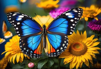 Fototapeta premium vibrant butterfly wings displayed colorful flower backdrop featuring various colors patterns creating stunning visual contrast, nature, beauty, decorative