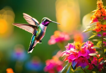 Fototapeta premium vibrant hummingbird hovering colorful flower garden surrounded lush blooms bright petals, nature, plant, wing, nectar, insect, botanical, flora, ornamental