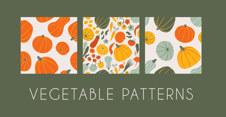 Set of Vegetable patterns with pumpkin, pepper, tomatoes, beets. Autumn harvest endless background design. Vegetarian food and Natural fresh farm produce. Flat vector illustration