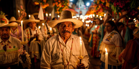 Mexican Tradition: Man Holding Candle in D&iacute;a de Muertos Procession