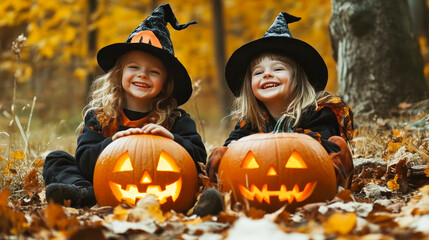 Fototapeta premium Children celebrating Hallowing in carnival costumes, candies, candles, jack o lantern, pumpkins, autumn, treats and sweets, children having fun outdoors. trick or treat. Happy Halloween!
