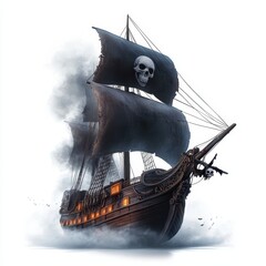 Obraz premium A stunning image of a pirate ship sailing through mist, featuring ominous sails and a skull emblem that evokes adventure., isolated white background