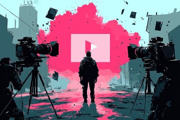 Fototapeta premium Content Creator Silhouette With Cameras and Play Button
