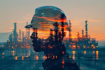 Double exposure of an oil worker at sunset with an industrial plant in the background
