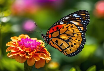 Obraz premium close colorful butterfly resting vibrant flower petals lush garden setting, wings, pollinator, nature, micro, macro, bloom, flora, insect, detail, bright