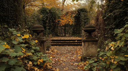Obraz premium Autumn leaves, path to an abandoned ancient building.