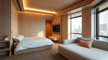 Minimalist Japanese hotel room with bed and sofa bed, Tokyo city view