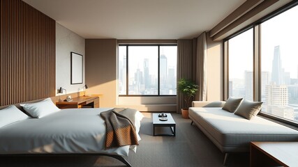 Minimalist Japanese hotel room with bed and sofa bed, Tokyo city view