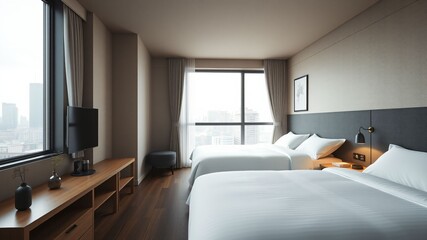 Minimalist Japanese hotel room with two beds and Tokyo city view