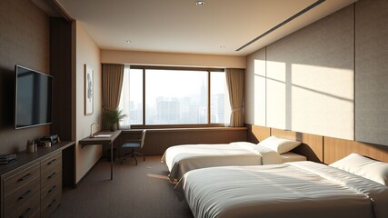 Minimalist Japanese hotel room with two beds and Tokyo city view