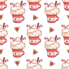 Seamless pattern with cute Christmas red cup with cream dessert with candy