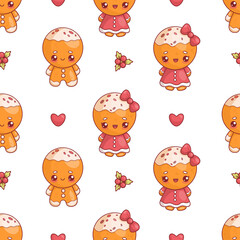 Seamless pattern with cute Christmas gingerbread man and girl