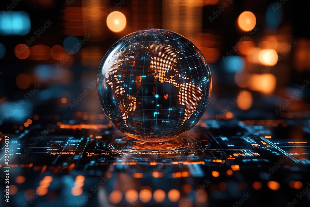 Aufkleber a glowing digital globe representing global connectivity, surrounded by a futuristic network of ligh