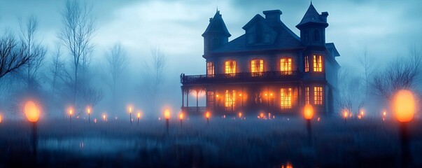 Haunted manor exterior, flickering lights, 3D illustration