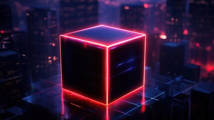 A glowing neon cube stands in a futuristic cityscape, radiating vibrant light amongst towering buildings and digital ambiance.