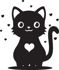 A cute black kitten with heart sign silhouette vector Illustration 
