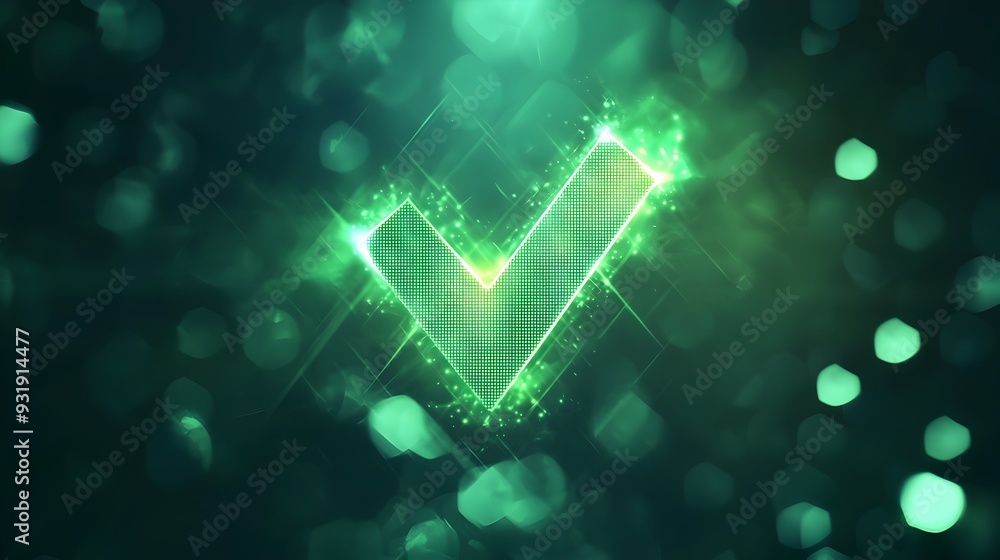 Poster abstract of glowing green checkmark symbol representing successful validation and confirmation