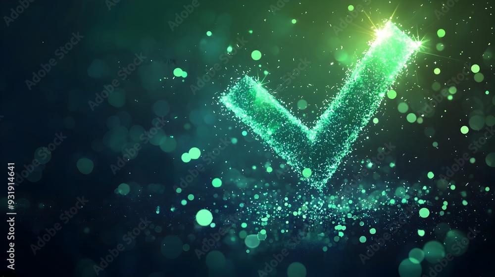 Poster abstract green checkmark symbol surrounded by glowing light signifying success and validation