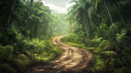 Dirt road winding through a jungle landscape, with thick vegetation creating an immersive and wild atmosphere.