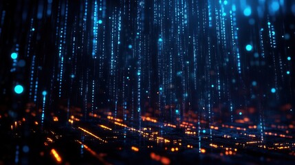 Obraz premium A stunning digital rain effect featuring glowing blue and orange lights, perfect for high-tech or futuristic themes.