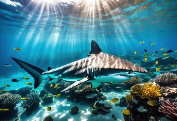 Obraz premium vibrant ocean scene showcasing swimming shark beneath bright blue skies turquoise waters, view, sea, marine, waves, horizon, wildlife, aquatic, scenery