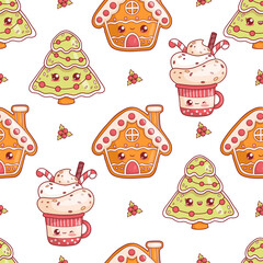 Seamless pattern with Christmas gingerbread house, tree and cup with cream dessert