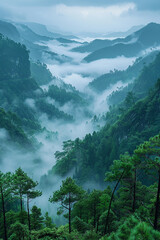 Fototapeta premium fogy mountain with trees beauty of nature generated by AI