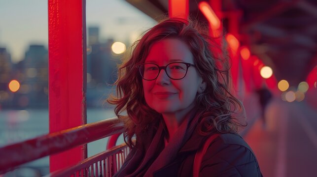A candid moment of the woman adjusting her glasses while smiling at the camera, with the bridge's vibrant red color enhancing the evening scene.
