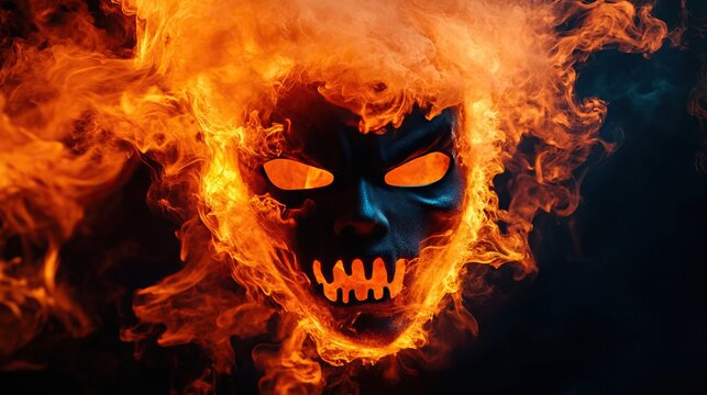 An eerie mask surrounded by vibrant flames, evoking a sense of danger and mystery, perfect for Halloween or horror themes.