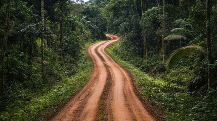 Fototapeta premium Jungle dirt road stretching into the dense vegetation, offering a glimpse of the wild and mysterious forest.