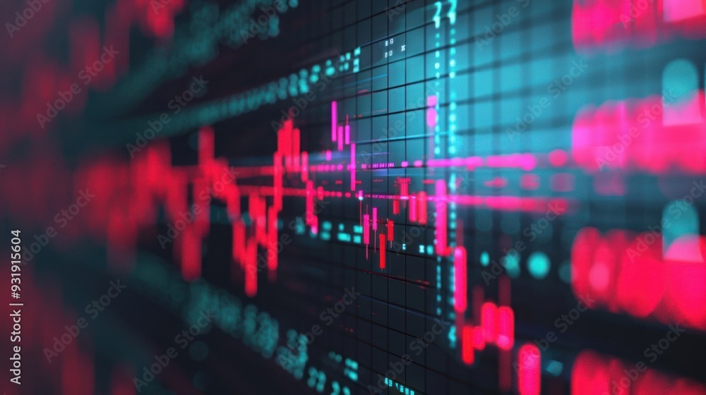 Poster digital financial stock market data with red and blue graphs on a dark background, displaying econom