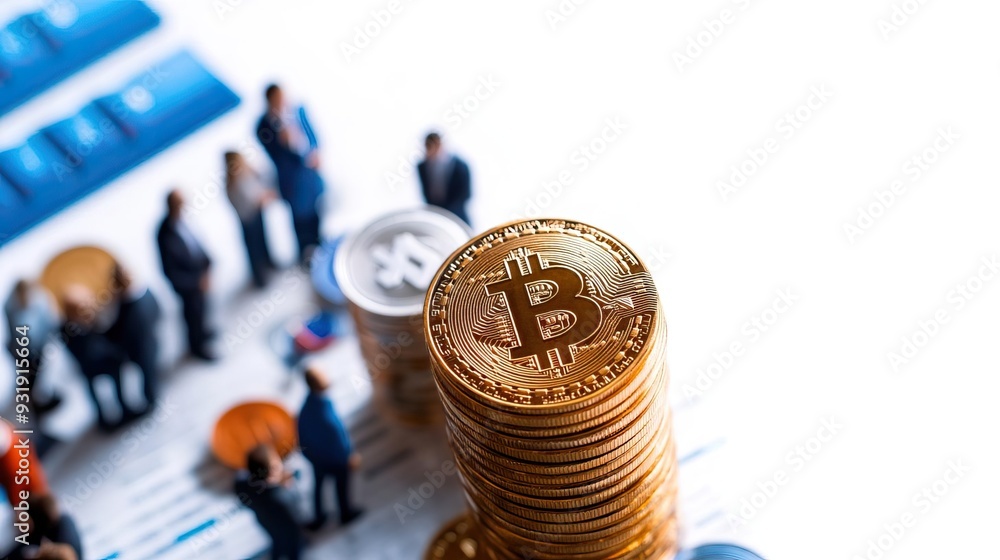 Poster a stack of bitcoin coins with a blurred crowd in the background, representing cryptocurrency investm