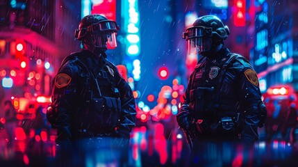 Police men neon on the street of the city. Crowd control police.