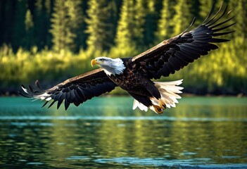 Obraz premium majestic bald eagle soaring above tranquil landscape lush serene clear blue sky, aerial, adventure, beauty, bird, birdwatching, clouds, ecosystem, escape